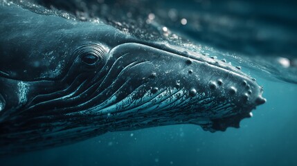 Majestic humpback whale swimming peacefully in the deep blue ocean, a serene underwater scene perfect for conservation awareness and marine life promotions