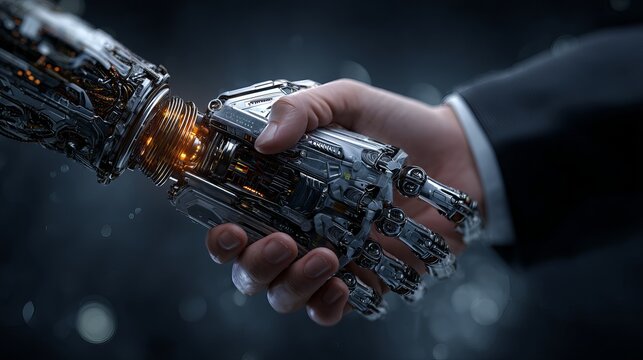 Futuristic handshake between human and robot hands symbolizes technology partnership, innovation, and the future of business in a dynamic, modern world