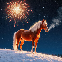 Brown horse on snowy hill with fireworks in night sky