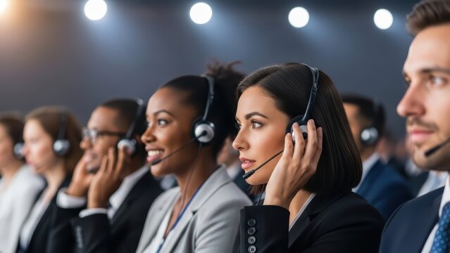 Diverse call center team with headsets in professional setting - Powered by Adobe