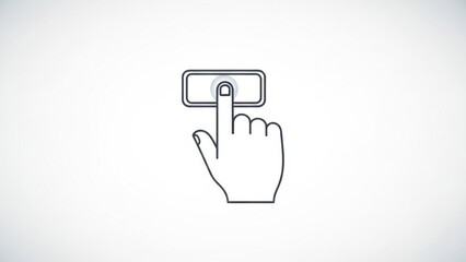 Minimal outline illustration of a human hand pressing a rectangular button on light background symbolizing click, start, power, confirmation, activation, user interaction and digital interface control