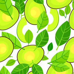 Seamless Pattern with Fresh Avocado Slices and Green Leaves