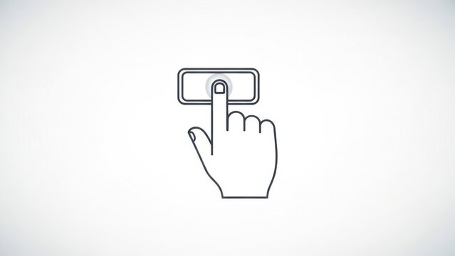 Minimal outline illustration of a human hand pressing a rectangular button on light background symbolizing click, start, power, confirmation, activation, user interaction and digital interface control