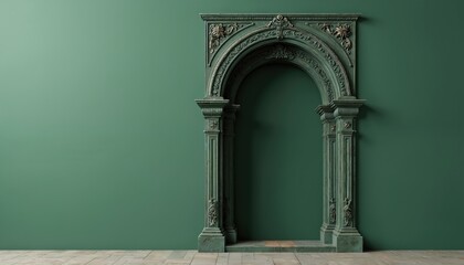 Vibrant green wall features ornate arch with intricate arabesque carvings. Decorative pillars majestically support archway. Light wooden floor beautifully complements classic architecture. Stylish