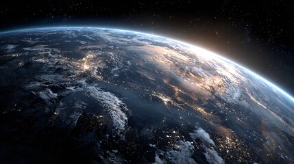 Obraz premium Earth view from space showing continents clouds and sunlight.