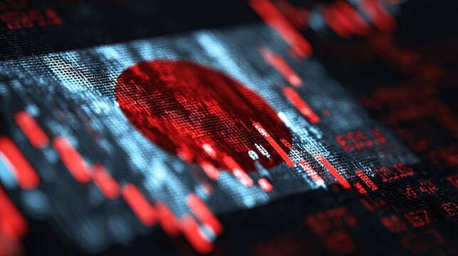 Japanese stock market data with downward trend is displayed with intense red, a symbol of a financial crisis in Japan today