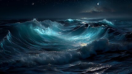 A surreal ocean where waves form the shape of a beating heart, glowing bioluminescent lights under moonlight, ultra-detailed fine art,
