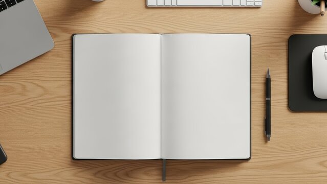 Open blank notebook on wooden desk with office supplies and gadgets