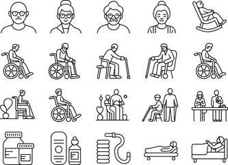 Fototapeta premium Elderly People Care Icons Representing Health and Assistance Services senior old age