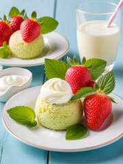 Eistuete Erdbeer Pistazie und Vanille Eiskugel mit Sahnetupfer, Eiscreme, Eiskugeln,.