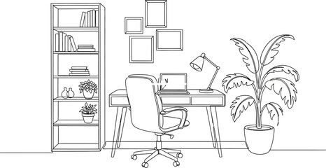 Minimalist home office sketch with desk bookshelf plant and picture frames