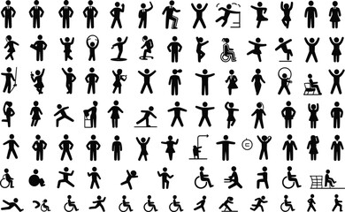 Large Collection of Black Human Figure Icons in Various Poses and Activities on White person silhouette