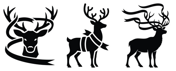 reindeer ribbon silhouette icon set. christmas silhouette icons collection with solid styles.