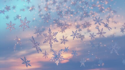 A soft, ethereal snowfall gracefully descends from the sky.