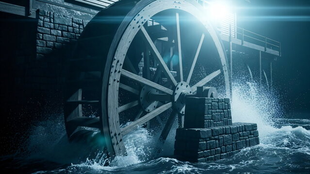 Wooden water wheel spinning with splashing water stream. Energy production for renewable resource concept with traditional mill