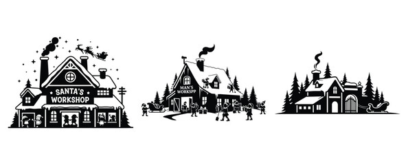 Obraz premium santa workshop silhouette icon set. christmas silhouette icons collection with solid styles.