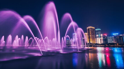 A beautiful fountain display illuminates the night sky over a city skyline.
