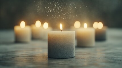 Illuminating Hope: A single candle flame stands out amid a group of gently glowing candles, casting a warm light and embodying concepts of serenity, contemplation, and peacefulness.