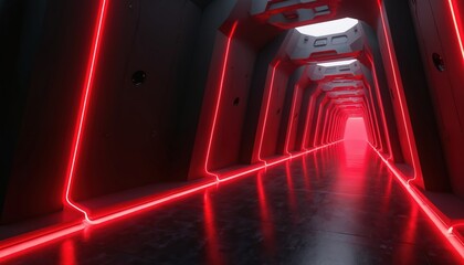 Fototapeta premium Dark futuristic tunnel with red neon lights and reflective floor. Abstract sci-fi corridor interior leads to bright light. Sci-fi spaceship hall background with glowing lines.