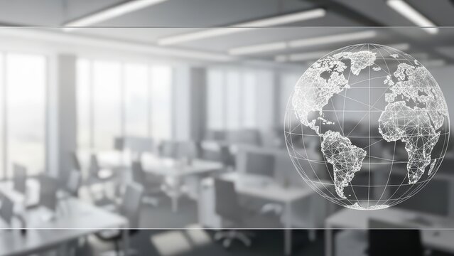 Abstract digital globe over modern office with computers and large windows