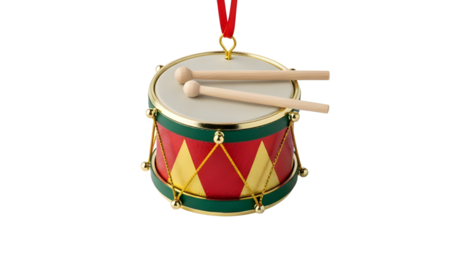Christmas ornament drum with drumsticks on white background