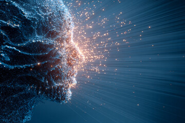 Abstract human profile crafted from blue glowing particles, with golden sparks and light beams emanating from the face, illustrating digital identity.