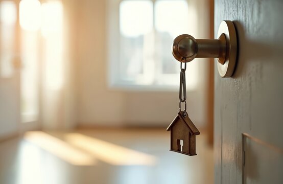 Open interior door with key in lock and house shape keychain. Sunlight streams into empty room. New beginning, home ownership, real estate purchase concept. Move in day.