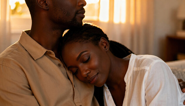 Affectionate Black couple embracing at home in warm golden hour light. A woman rests her head on a man's chest with her eyes closed. Love, comfort and intimacy in a relationship
