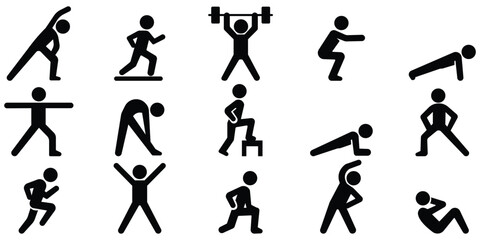 Stickman fitness workout set, Exercise training action pack, Active sport movement collection