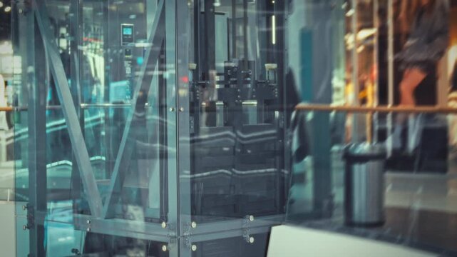 An elevator with transparent glass walls transports shoppers in a busy shopping center. People enjoy the surroundings while the elevator ascends or descends, engaging in leisure activities