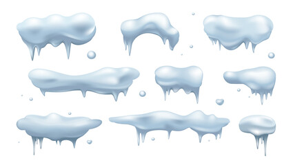 Snow caps 3d elements set in realistic render design. Collection of white horizontal snow piles and corners with melts and icicles, frost winter roof borders and snowy frames. Illustration. © alexdndz