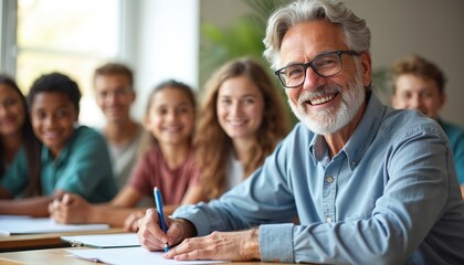 Smiling senior man in glasses writes on paper. Teacher, mentor professor. Diverse young students happily learning in bright classroom background. Intergenerational education shows wisdom, engagement