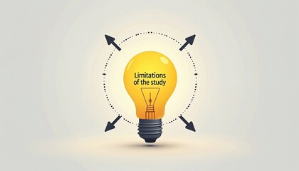 Yellow light bulb with Limitations of study text. Dotted circle, outward arrows symbolize research constraints, project boundaries, idea restrictions. Conceptual illustration conveys challenges in