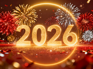 Glowing Gold 2026 in a Neon Ring with Confetti and Colorful Fireworks for Festive New Year's Eve Party and Holiday Celebration Background