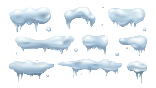 Snow caps 3d elements set in realistic render design. Collection of white horizontal snow piles and corners with melts and icicles, frost winter roof borders and snowy frames. Illustration.