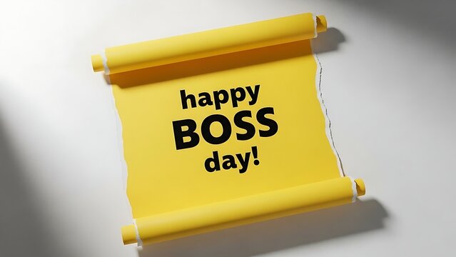 Happy boss day message on a vibrant yellow paper scroll, office celebration.