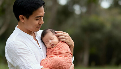 A tender portrait of an Asian father holding his sleeping newborn baby outdoors. Fatherhood and family bonding concept