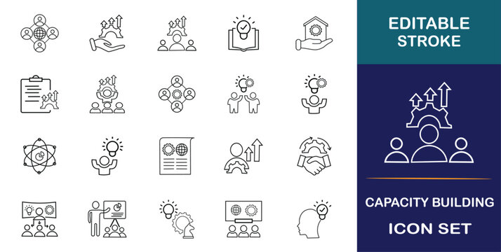 Collection of icons for capacity building.  Goal, training, skill, knowledge, growth, development, and learning are all included in an icon pack.