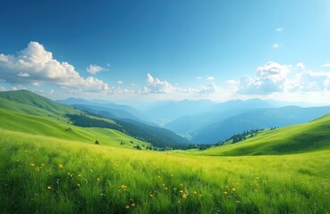 Obraz premium Scenic meadow with green grass, blue sky and mountains. Rolling hills covered by fresh greenery. Natural landscape features open field and cloudy horizon. Vacation and relaxation background wallpaper.