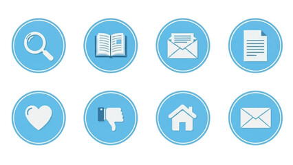 Blue circular web icon set with search, book, mail, document, home and feedback symbols for ui design