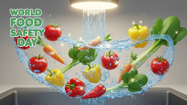 Cartoon animation of fresh vegetables being washed under running water, sparkling cleanliness effects, ‘World Food Safety Day’ text, no hands, no humans.”