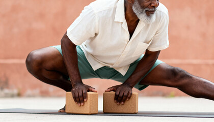 Active senior black man doing a side lunge stretch with yoga blocks outdoors. Fit older male practicing yoga for flexibility and wellness. Healthy aging lifestyle concept