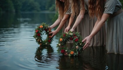 Girls in traditional folk dresses place colorful flower wreaths on still lake surface. Young women celebrate ancient pagan ritual, summer midsummer holiday, following old traditions, performing