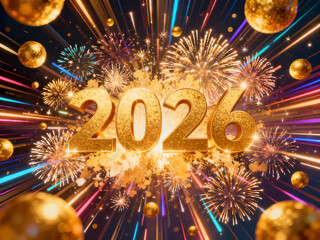 Explosive 3D Gold 2026 Surrounded by Colorful Light Streaks, Fireworks, and Golden Spheres for Dynamic New Year's Eve Celebration Banner