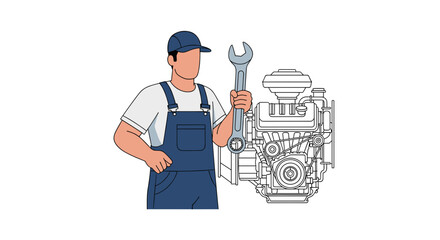Skilled mechanic repairing engine with wrench, professional auto service and maintenance