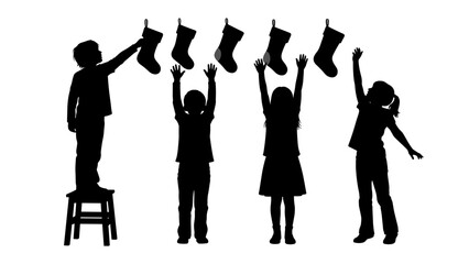 Excited children reach for Christmas stockings, holiday anticipation and festive cheer