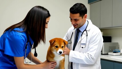 Veterinary Care for a Dog: Male and Female Professionals Assisting a Shiba Inu