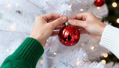 Close-up of a couple's hands hanging a shiny red ornament on a white Christmas tree. Festive holiday preparation and winter season tradition