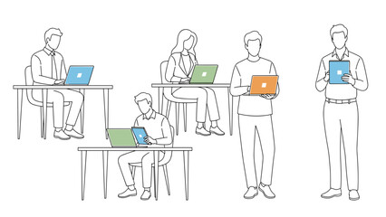 Dynamic team working collaboratively on laptops, modern professional office setting sketch