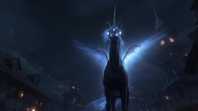 Mystical winged unicorn glowing with ethereal blue light in a dark, enchanting fantasy village at night, magical creature digital art